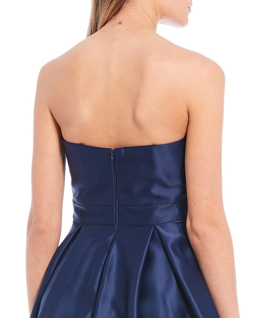 Blondie Nites Strapless Sweetheart-Neck Embellished Buckle Belted Waist Satin Fit-and-Flare Dress