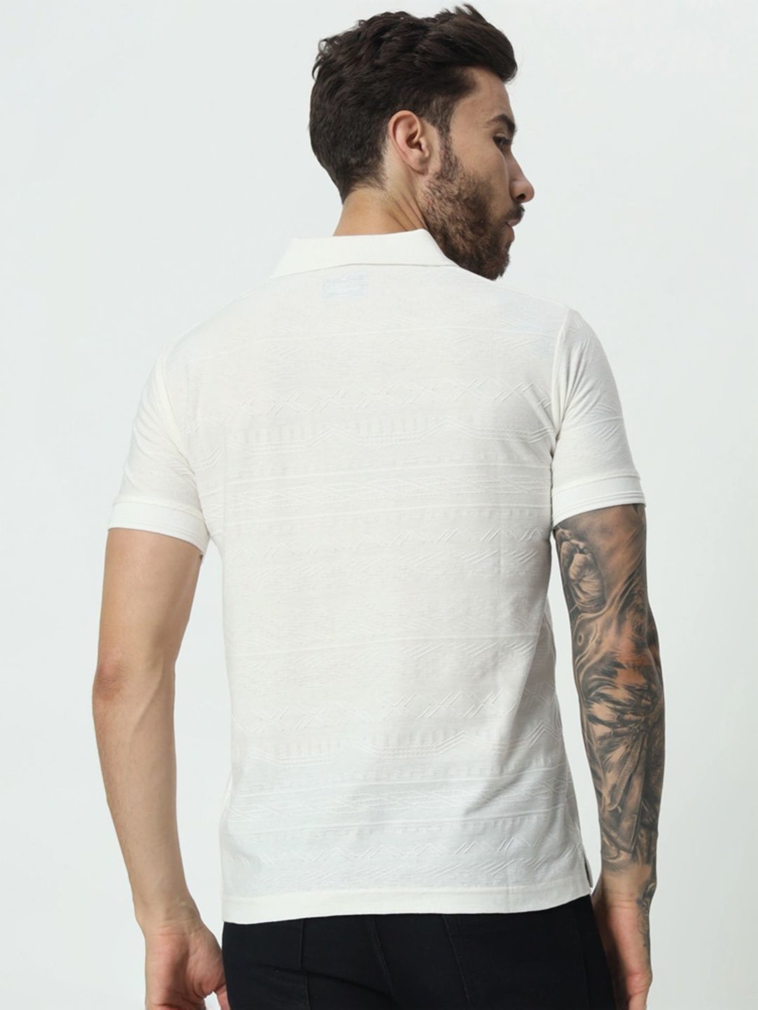 Tab91 White Regular Fit Self Pattern Polo T-Shirts