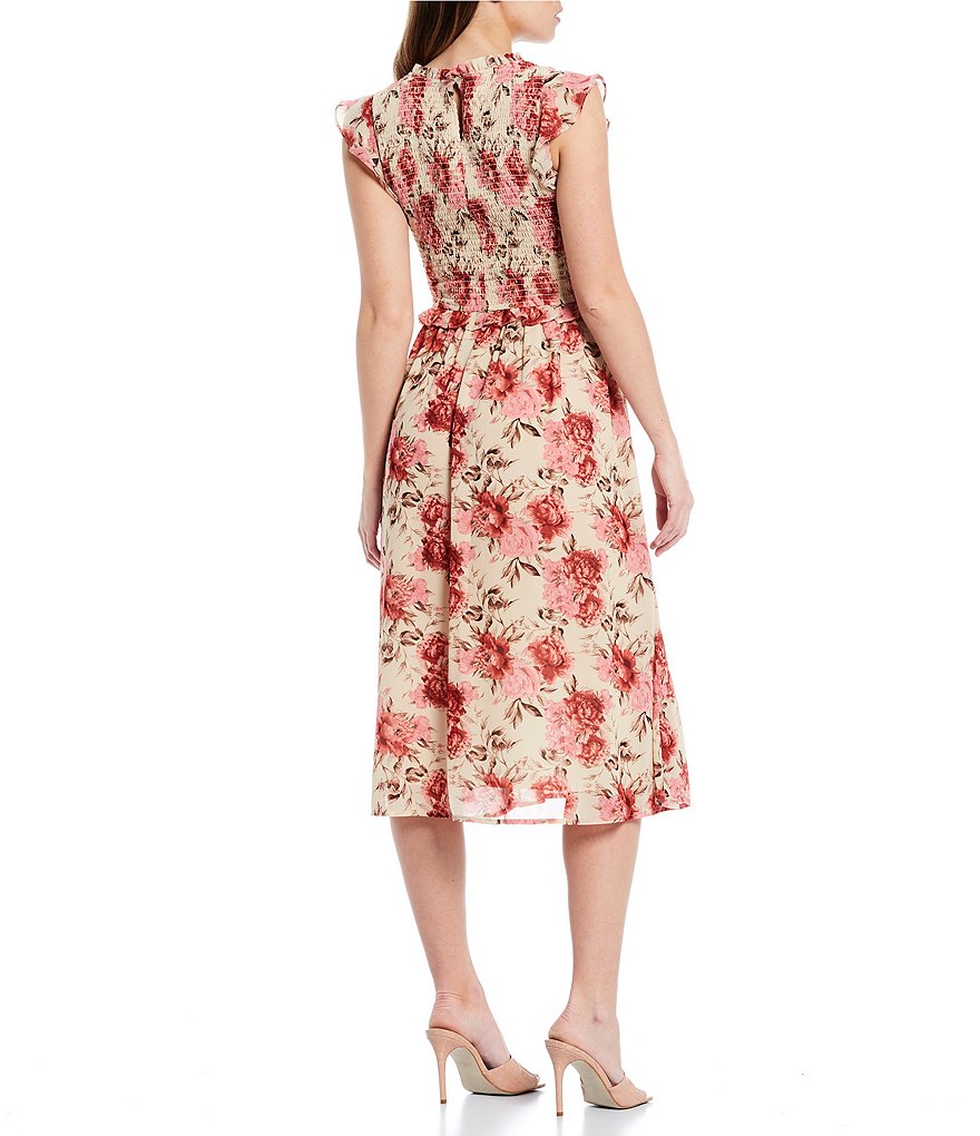 Sugarlips Floral Print Sleeveless Smocked Front Slit Midi Dress