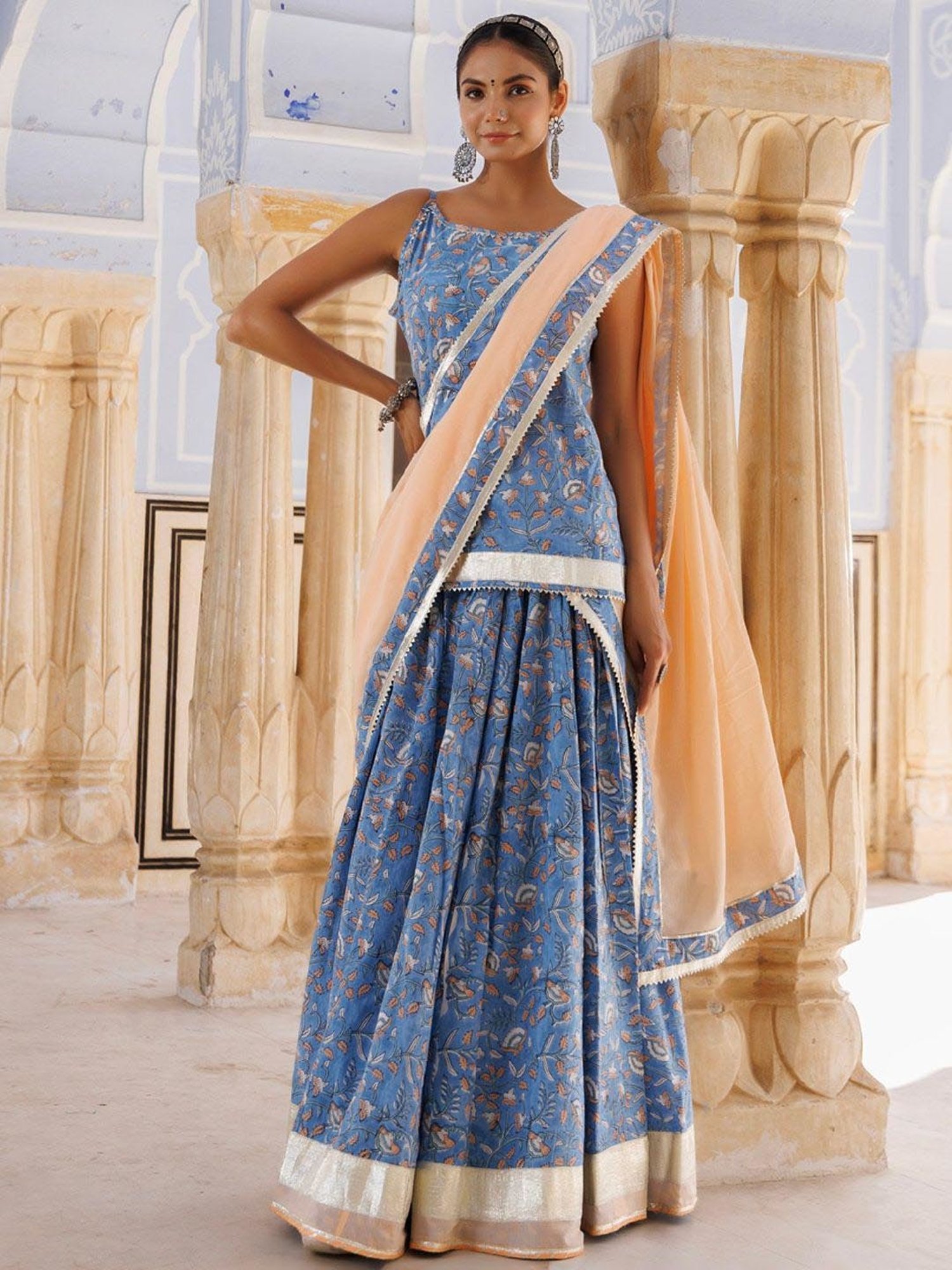 Geroo Jaipur Light Blue-Peach Pure Cotton Hand Block Printed Skirt Set