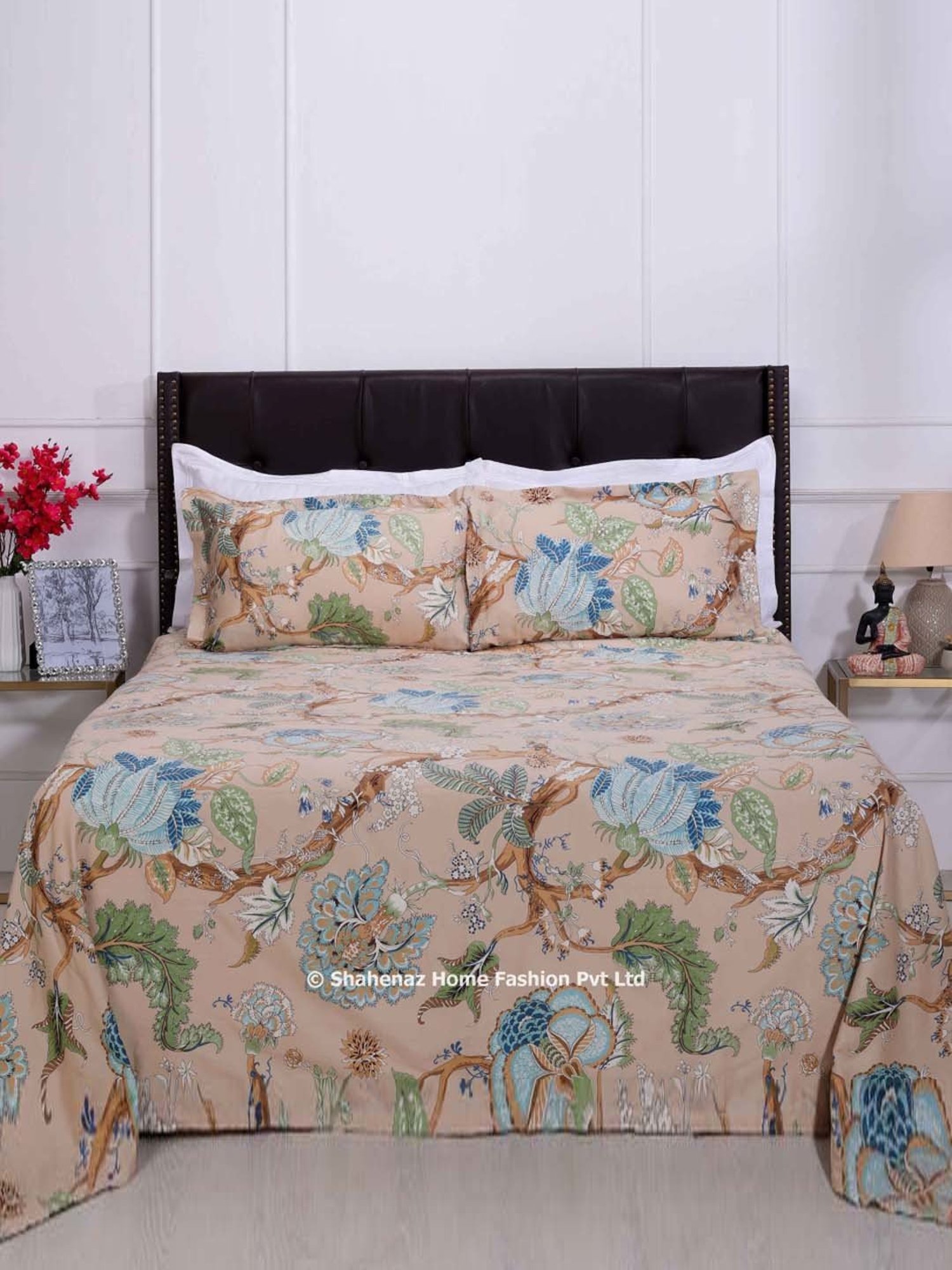Shahenaz Beige & Blue 300 TC Cotton Magnolia Vine Luxury Double Bedsheet with 2 Pillow Covers