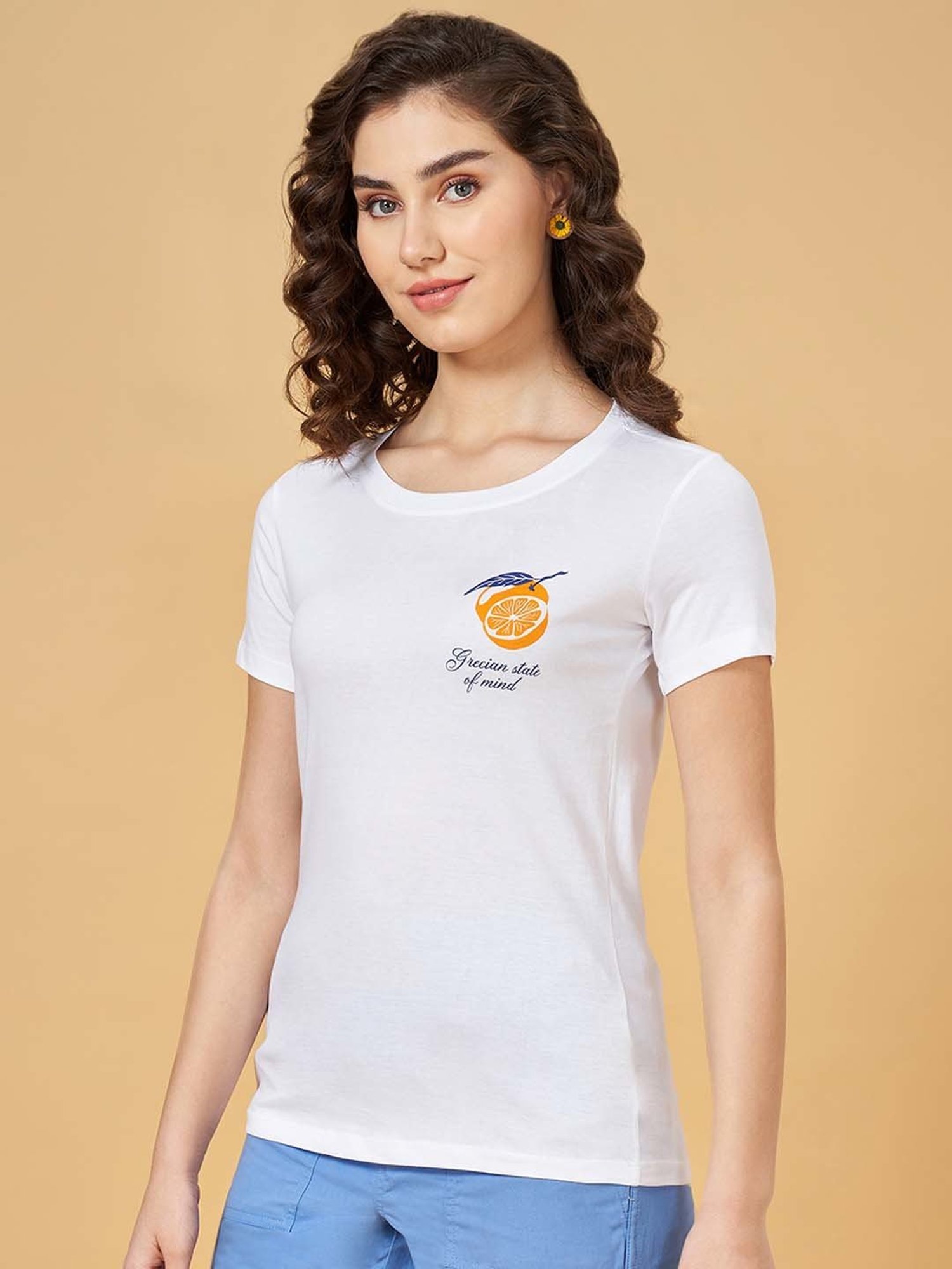 Honey by Pantaloons White Cotton Printed T-Shirt