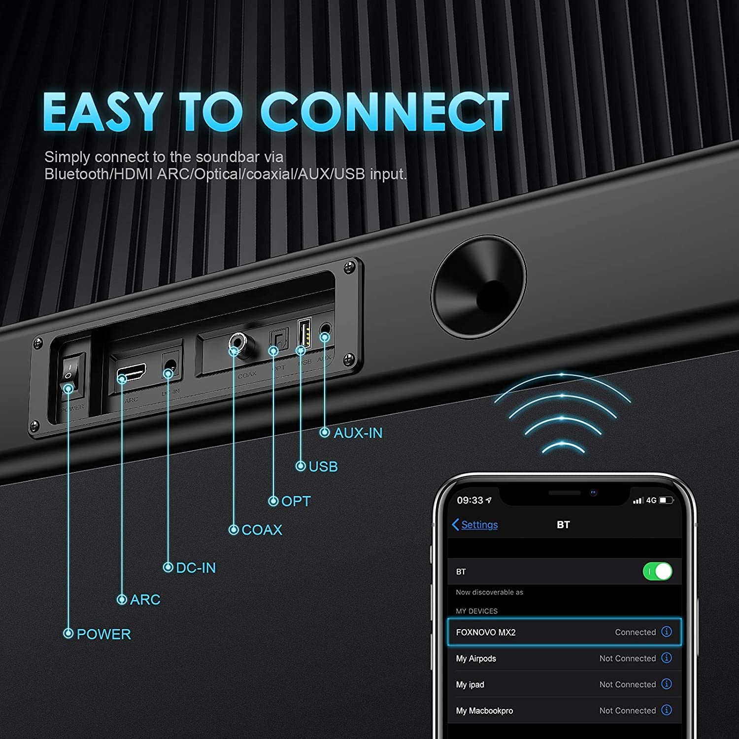 Sound Bars for TV: 37-In 109dB Soundbar with Built-in Subwoofer & Breathing Light 3 EQ Modes Home Theater Audio System 11 Adjustable Bass Sound Bar for TV Optical/AUX/USB/ARC/HDMI Connection