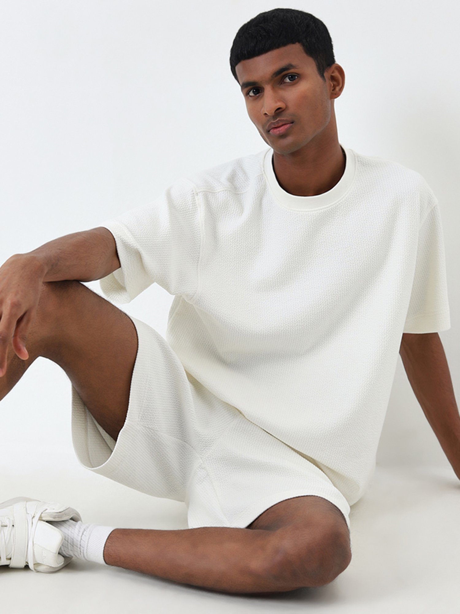Studiofit by Westside White Textured Relaxed-Fit T-Shirt
