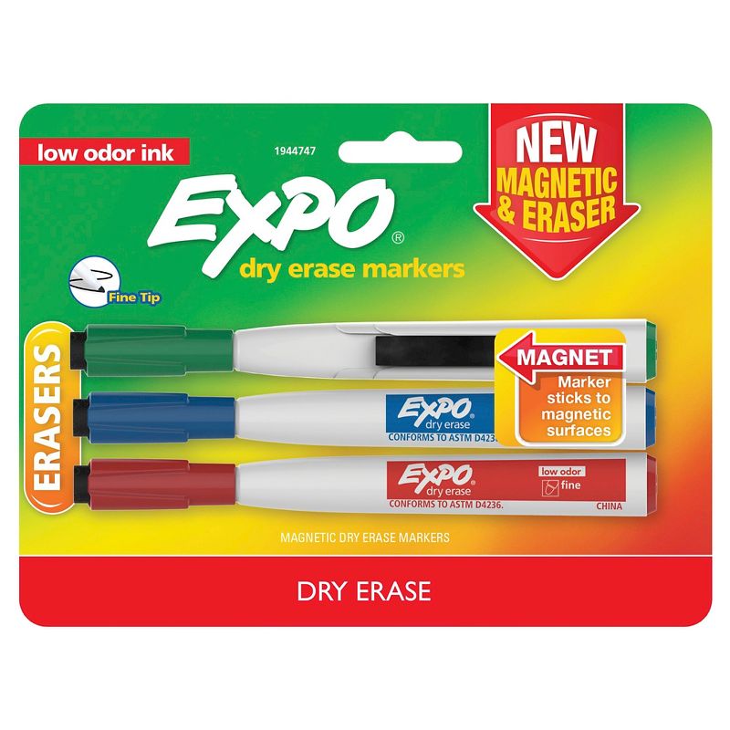 3pk Dry Erase Marker Magnetic and Eraser Fine Tip Multicolor - Expo