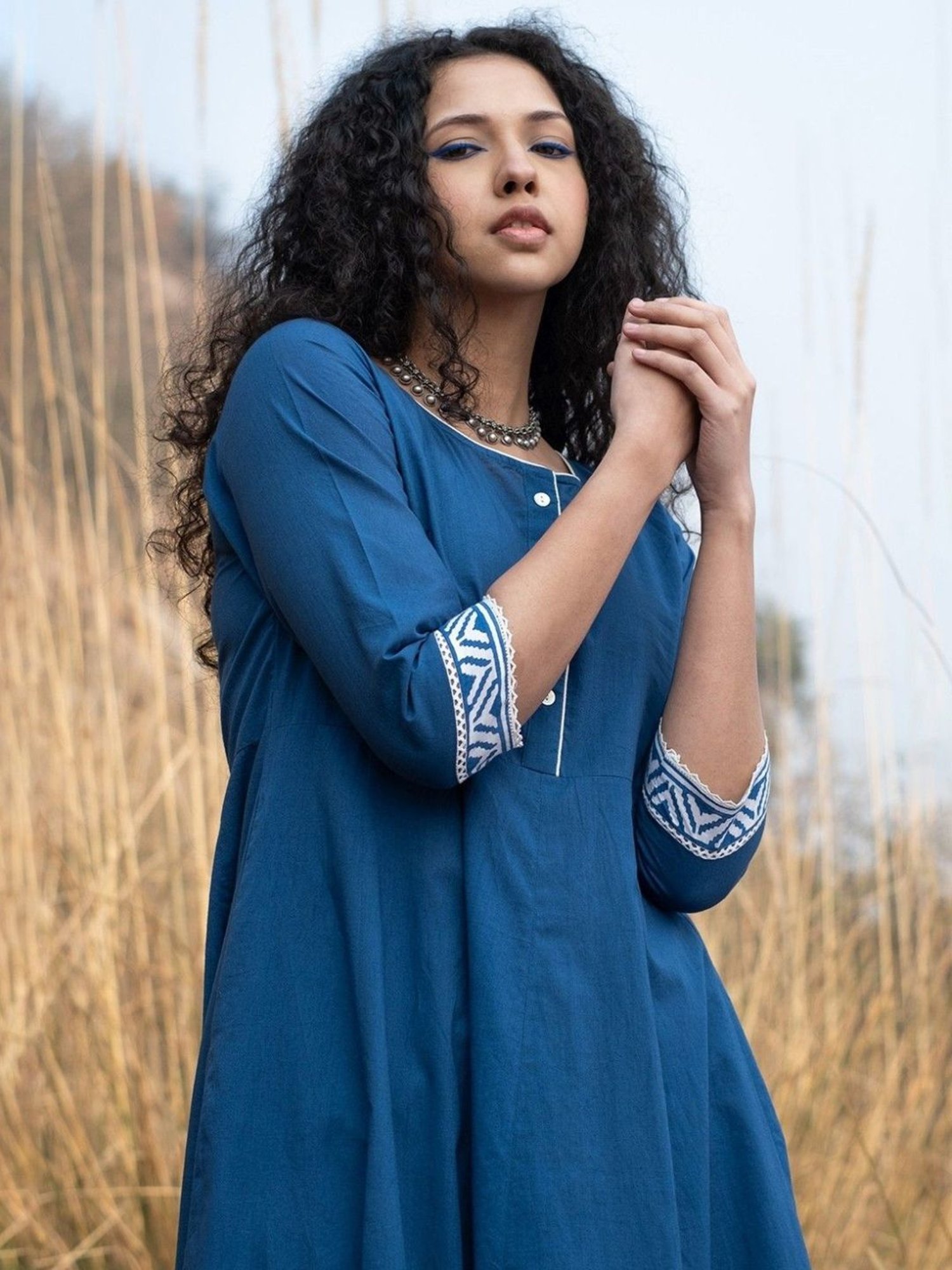 Akiso Neela Solid Indigo Anarkali Kurta With Block Print Border And Lace Details
