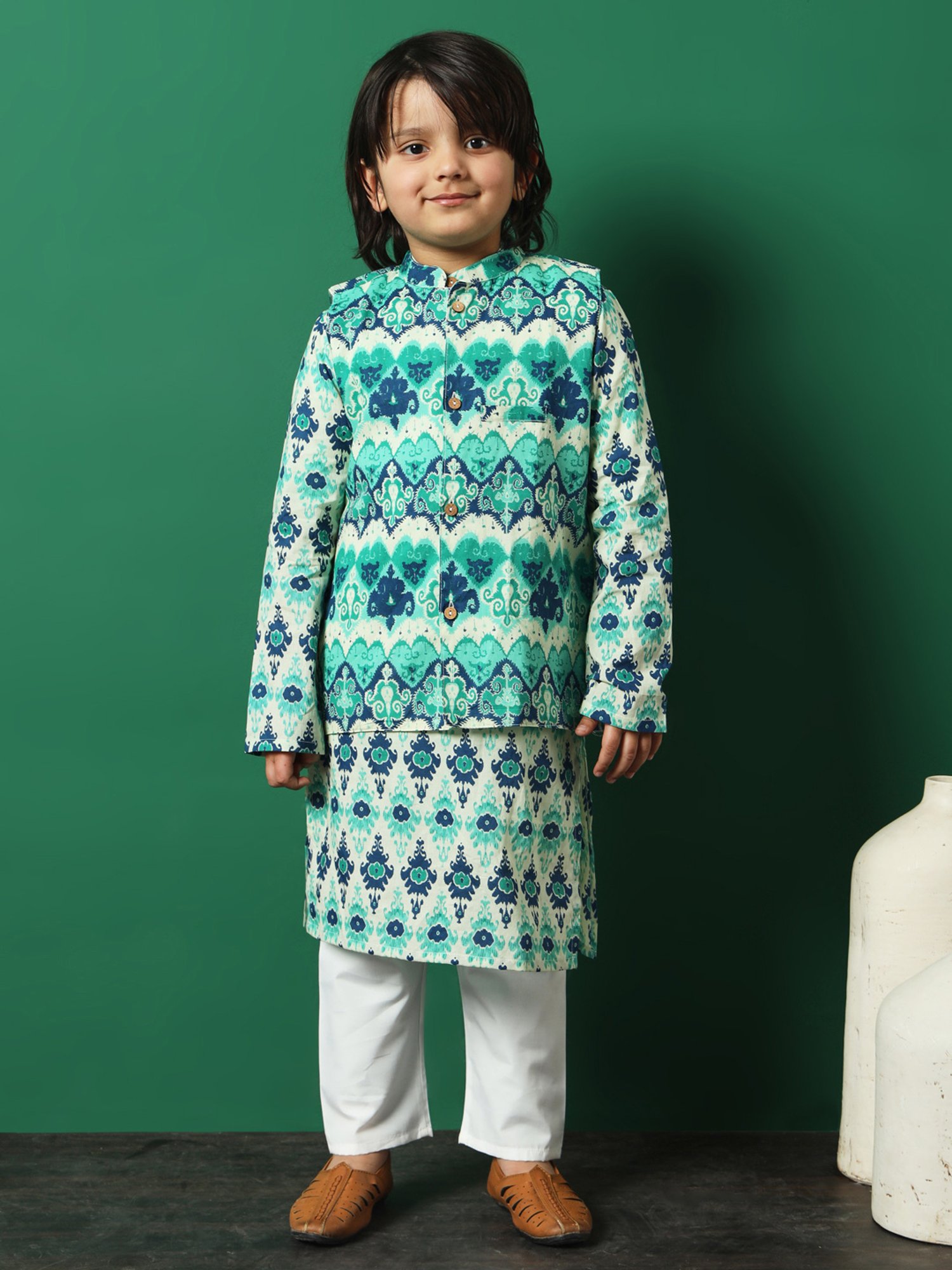 READIPRINT FASHIONS Kids Sea Green & White Printed Full Sleeves Kurta, Pyjamas with Jacket