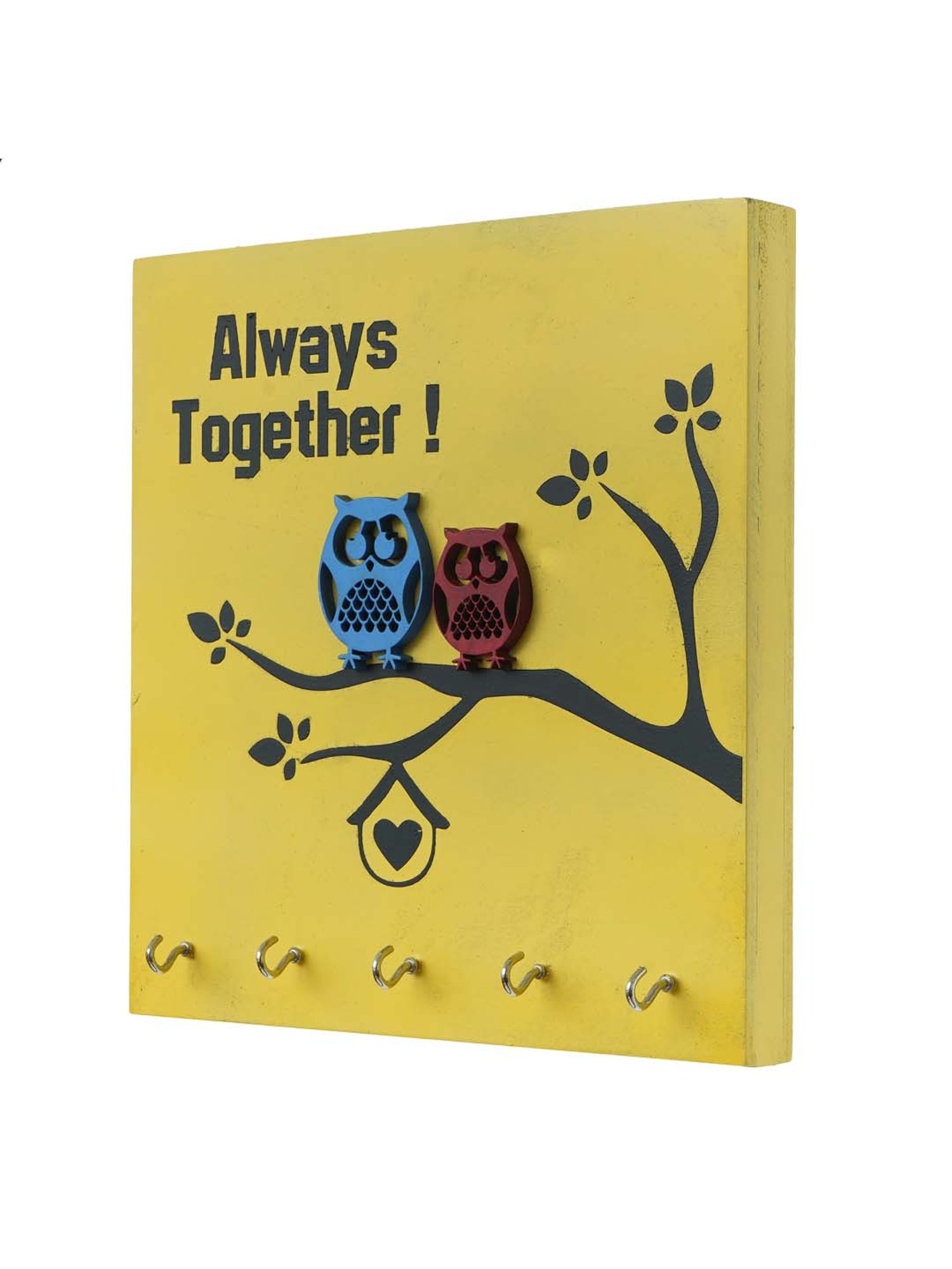eCraftIndia Yellow & Black Wooden 5-in-1 Hook 'Owls Sitting' Key Holder