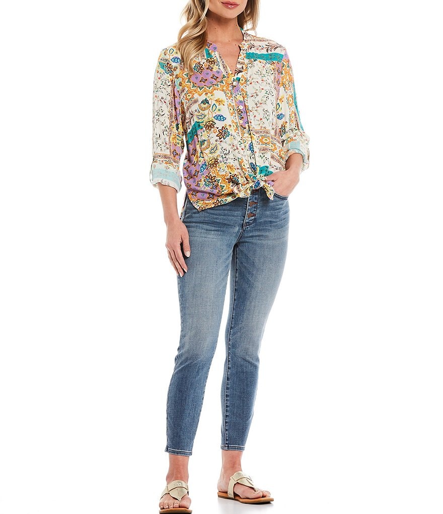 Figueroa & Flower Roxy Patchwork Print Roll-Tab Sleeve Button Down Tie-Front Top