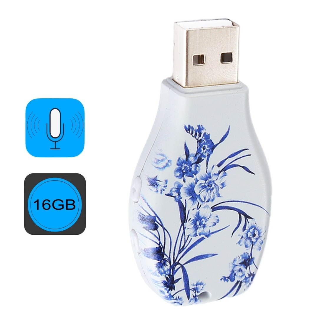 Flowers Blue and White Porcelain Pattern Portable Audio Voice Recorder USB Drive, 16GB, Support Music Playback