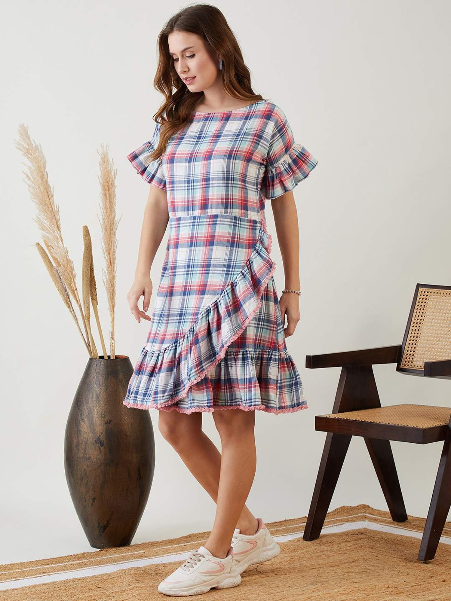 The Kaftan Company Pink Cotton Chequered A-Line Dress