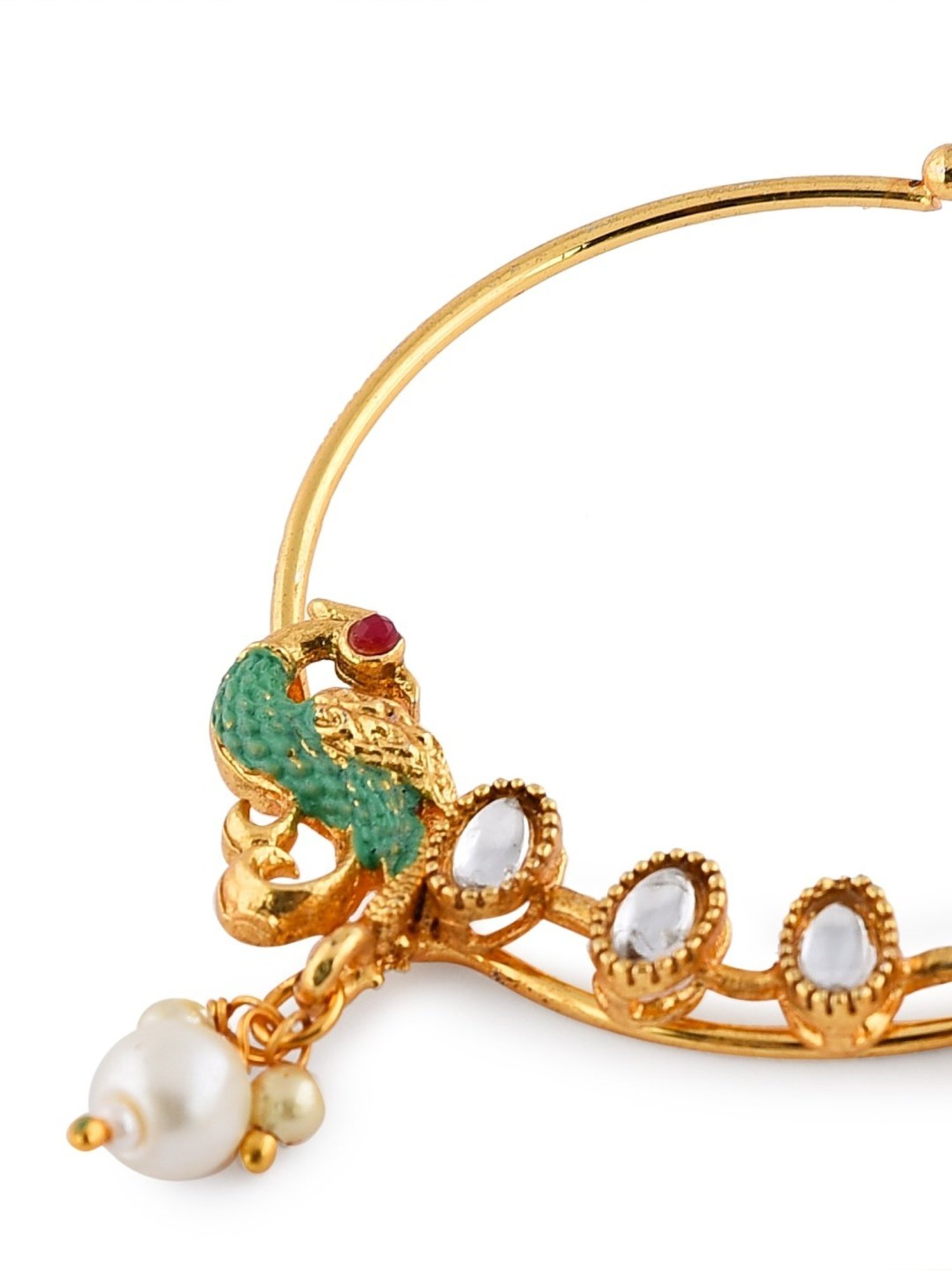 Zaveri Pearls Green Meenakari Peacock Inspired Chain Linked Bridal Nath-ZPFK10488