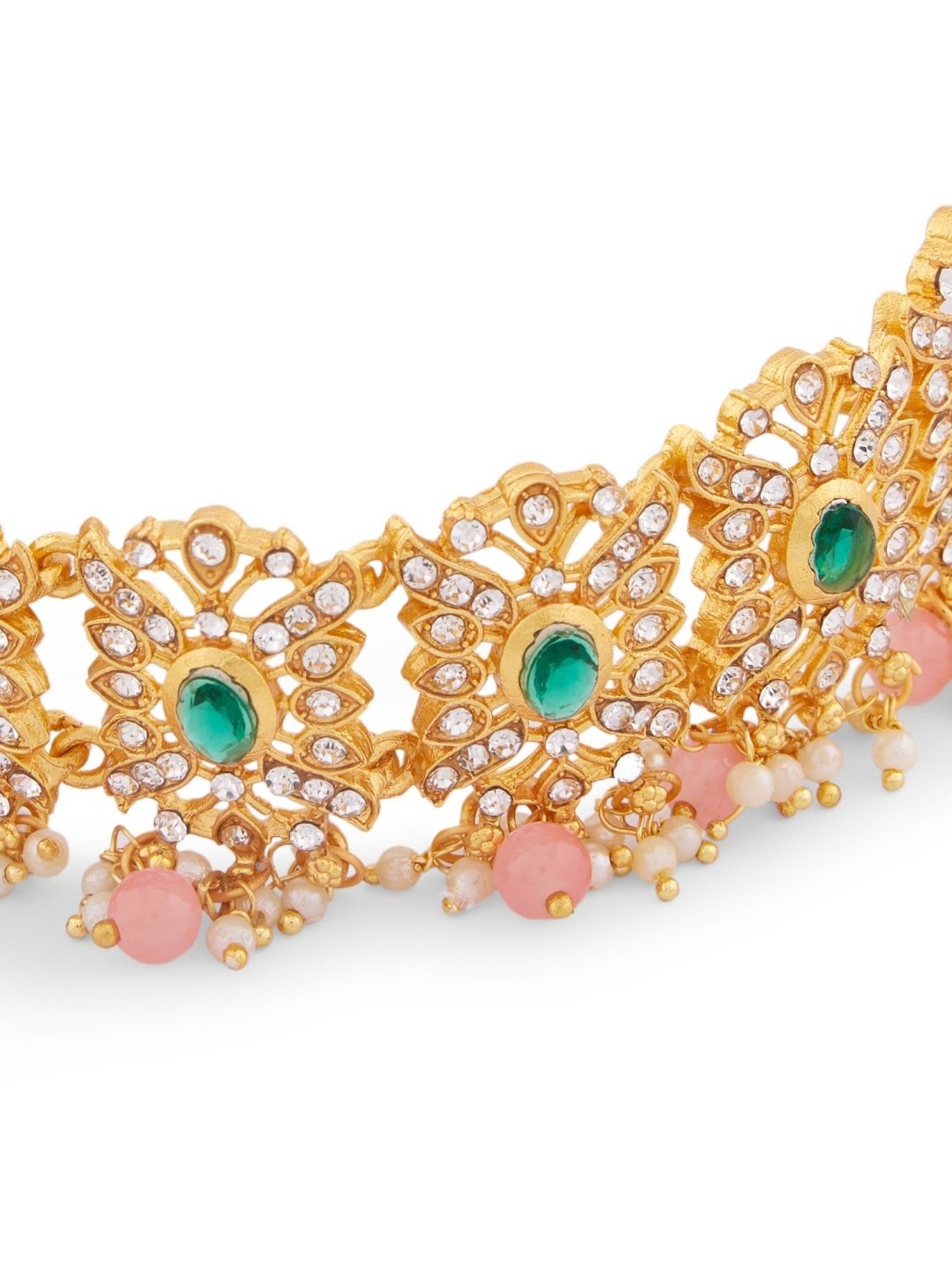 Zaveri Pearls Green & Pink Stones Traditional Choker Necklace Earring & Ring Set-ZPFK13803