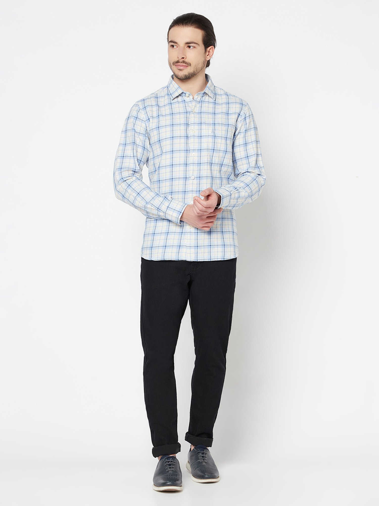 Spykar Blue Cotton Slim Fit Checks Shirt