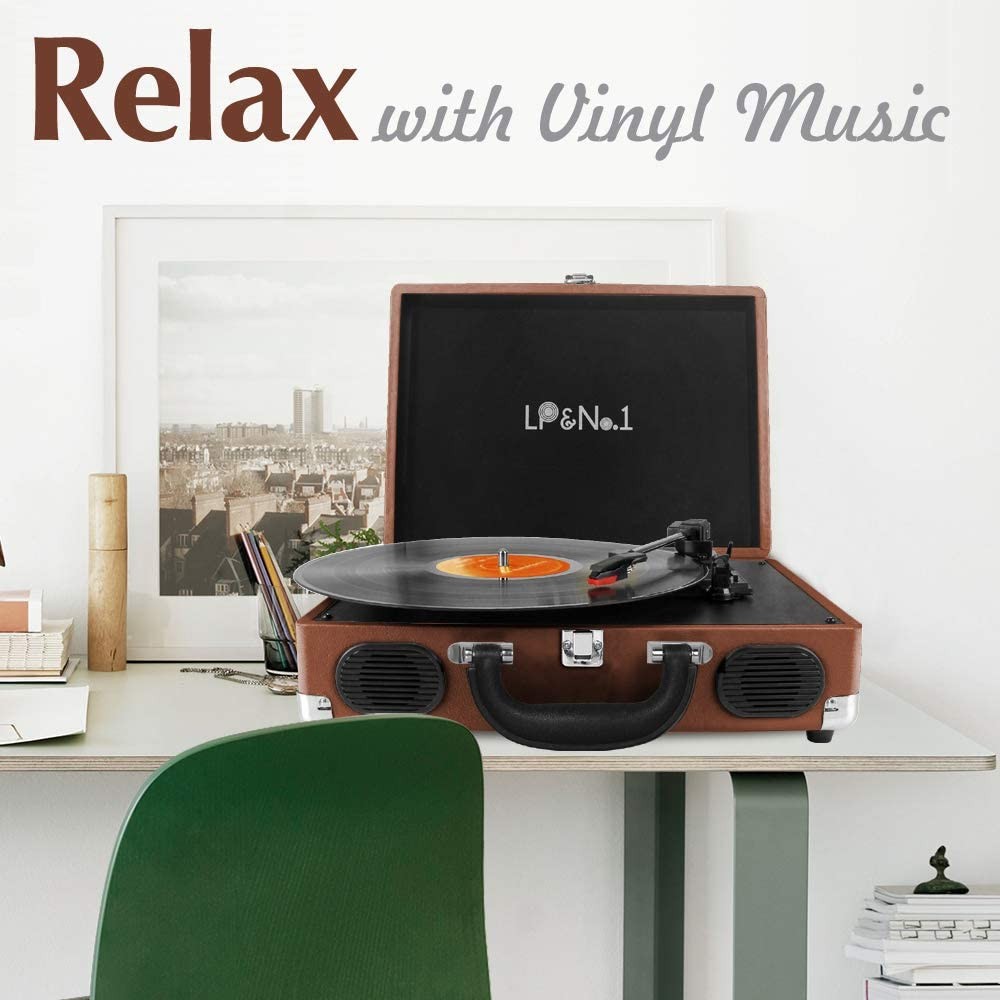 LP&No.1 Portable Suitcase Turntable with Stereo Speaker,3 Speeds Belt-Drive Vinyl Record Player Blue