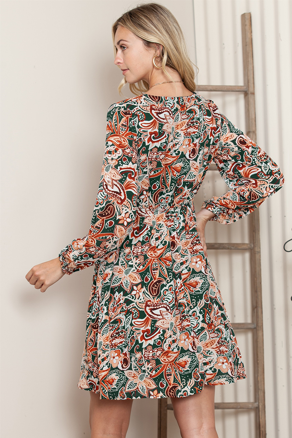 Brown Boho Abstract Print Drawstring Flowy Dress