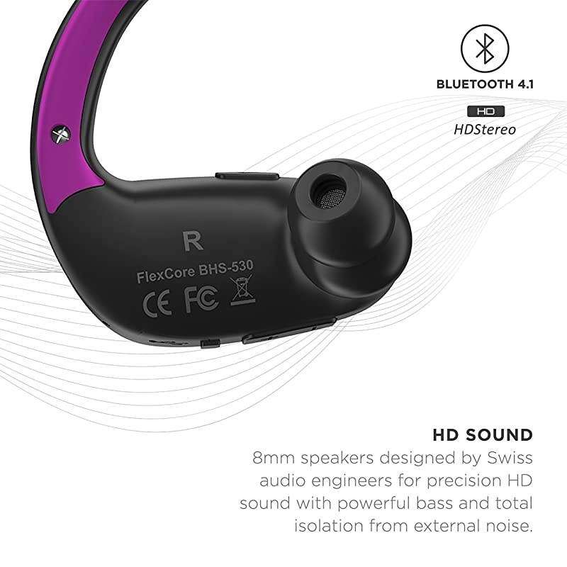 BHS-530 Bluetooth Headphones for Running, Wireless Earbuds for Exercise or Gym Workout, Sweatproof Stereo Earphones, Durable Cordless Sport Headset Mic, Blackout