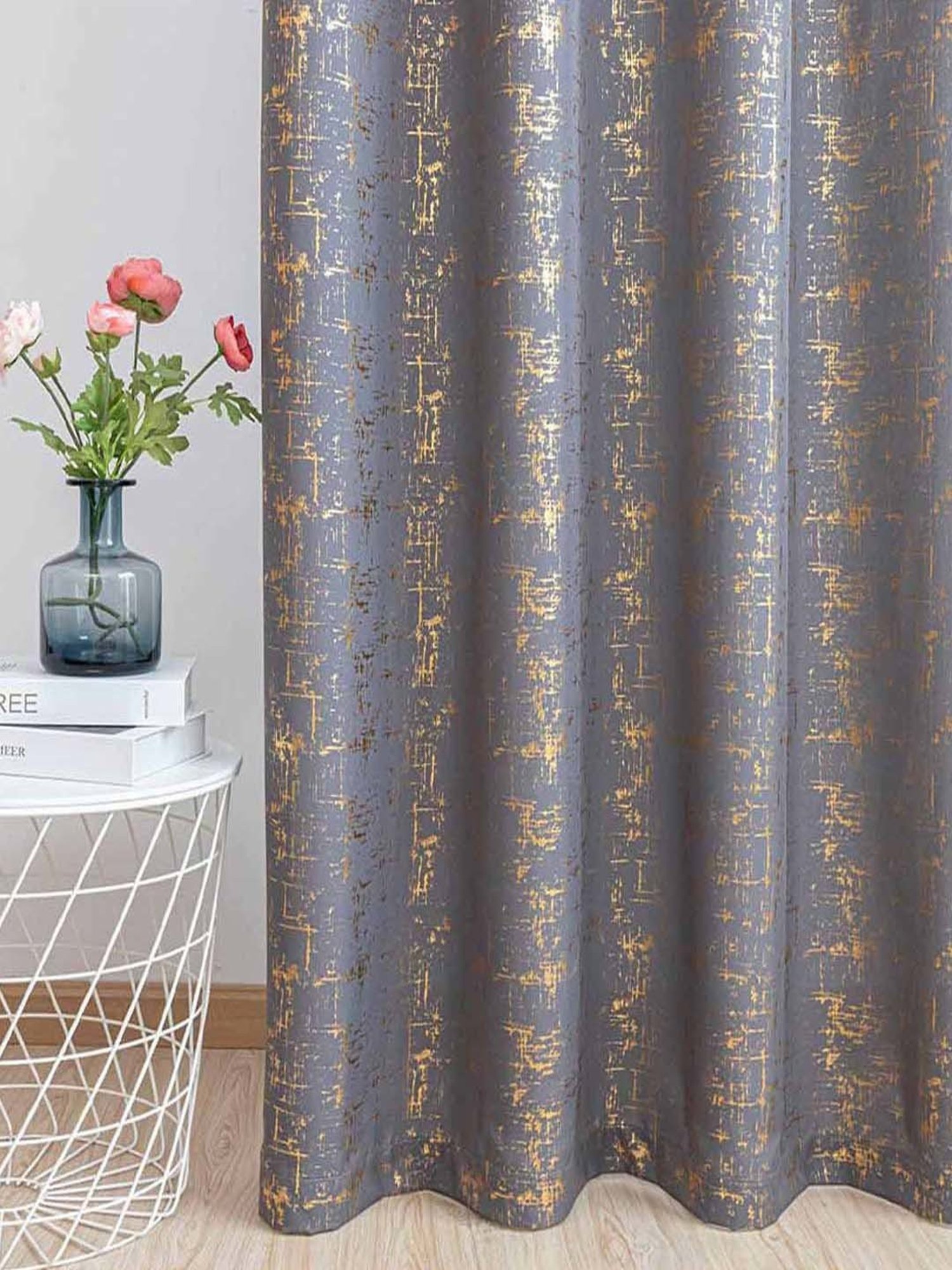 Swayam Cream & Blue Printed Faux Silk Door Curtains - Set of 2