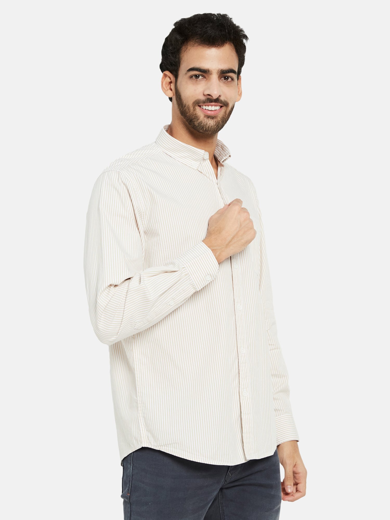 METTLE Cream Regular Fit Striped Shirt