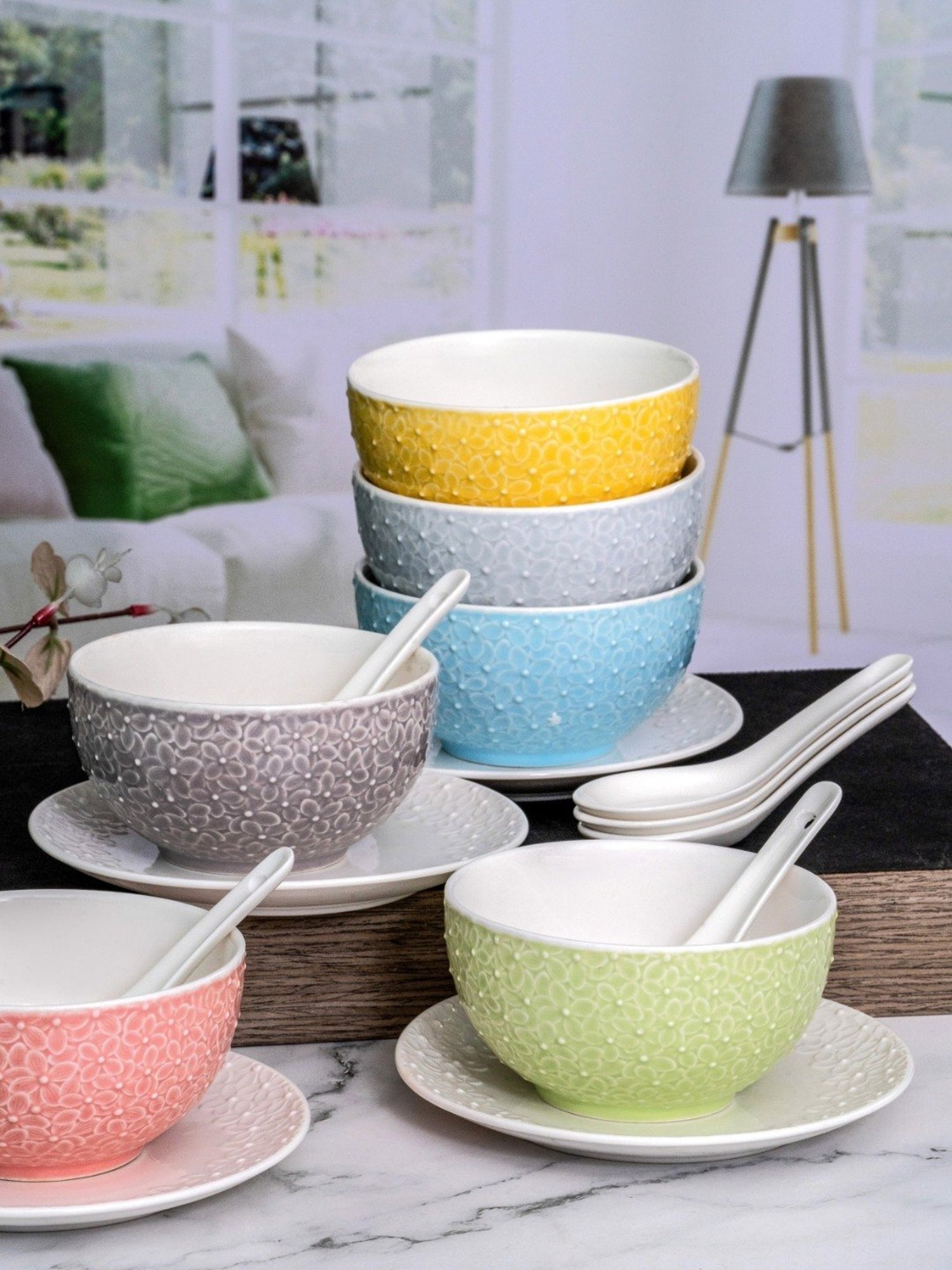 White Gold Multicolor Porcelain Soup Bowls - Set of 6
