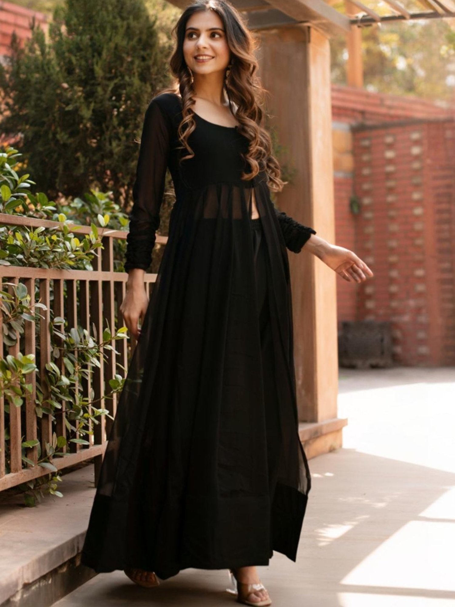 Calmna Black Georgette Cape with Pant Co-ord Set