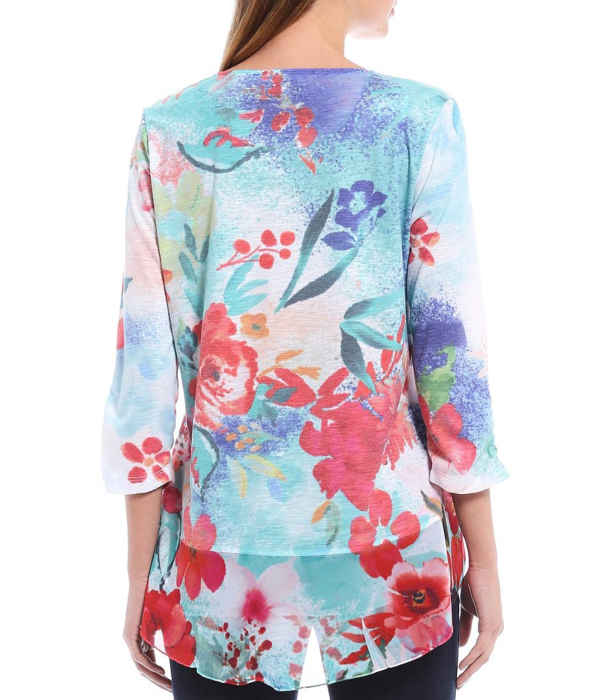 Ali Miles Petite Size Floral Print Mixed Media Hi-Low Top