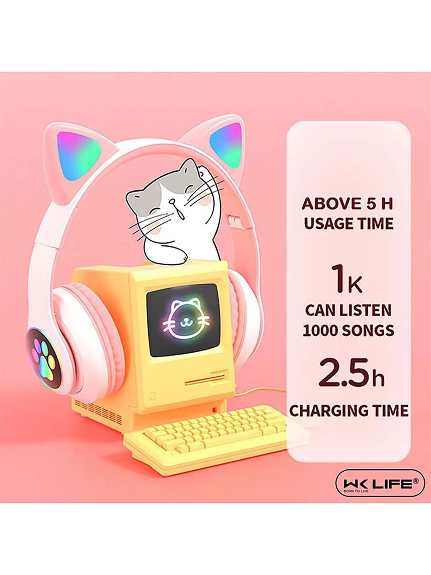 WK LIFE K8 V5.1 Wireless kids Headphones With Mic & Gaming Headset Bluetooth (Pink)