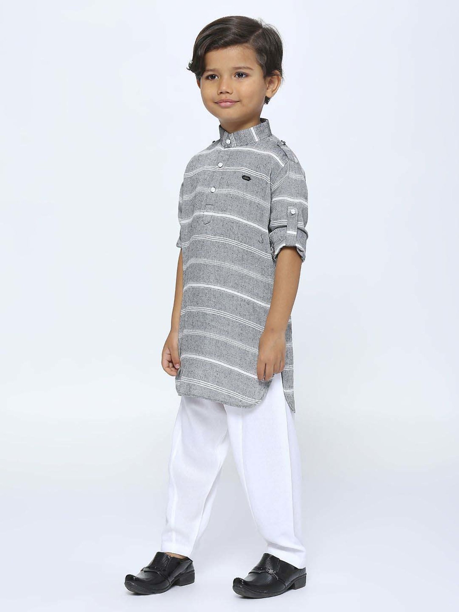Kids Island Boys Grey & White Striped Full Sleeves Kurta Set