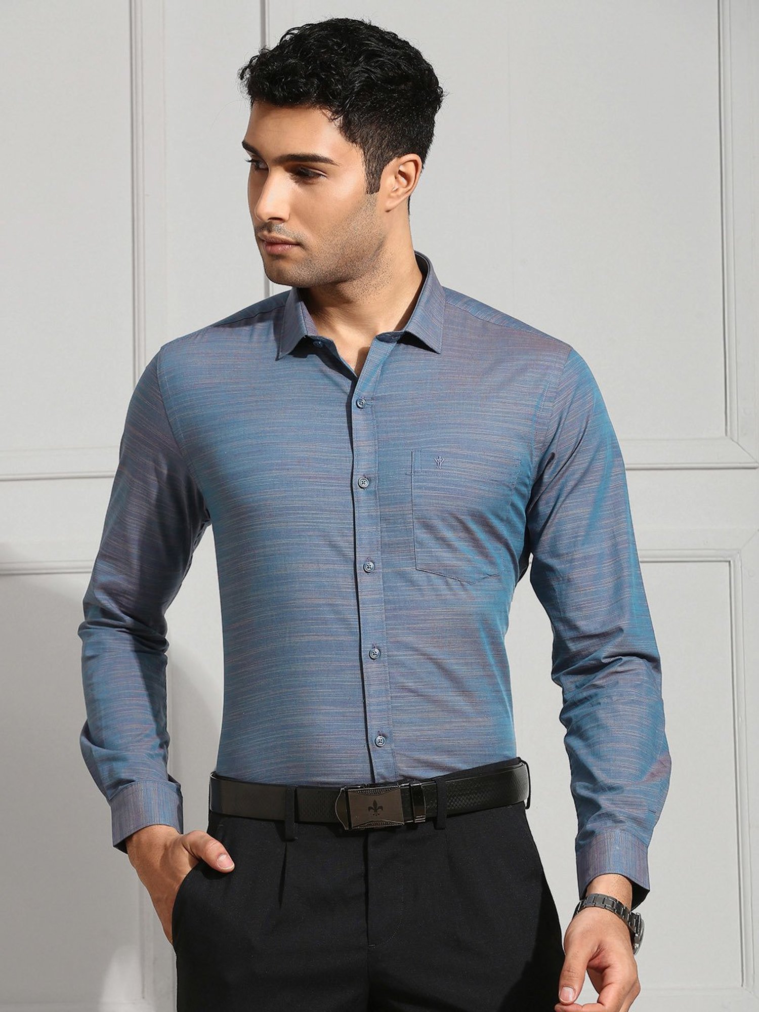 Ramraj Dark Blue Regular Fit Textured Cotton Shirt