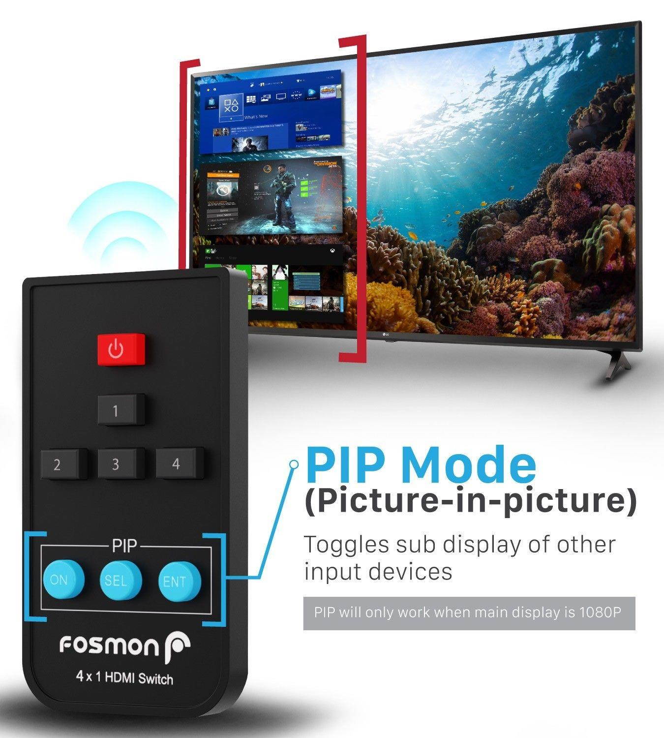 4X1 4K UHD 3D Full HD 1080P PIP HDMI Selector Switch Switcher IR Remote Control