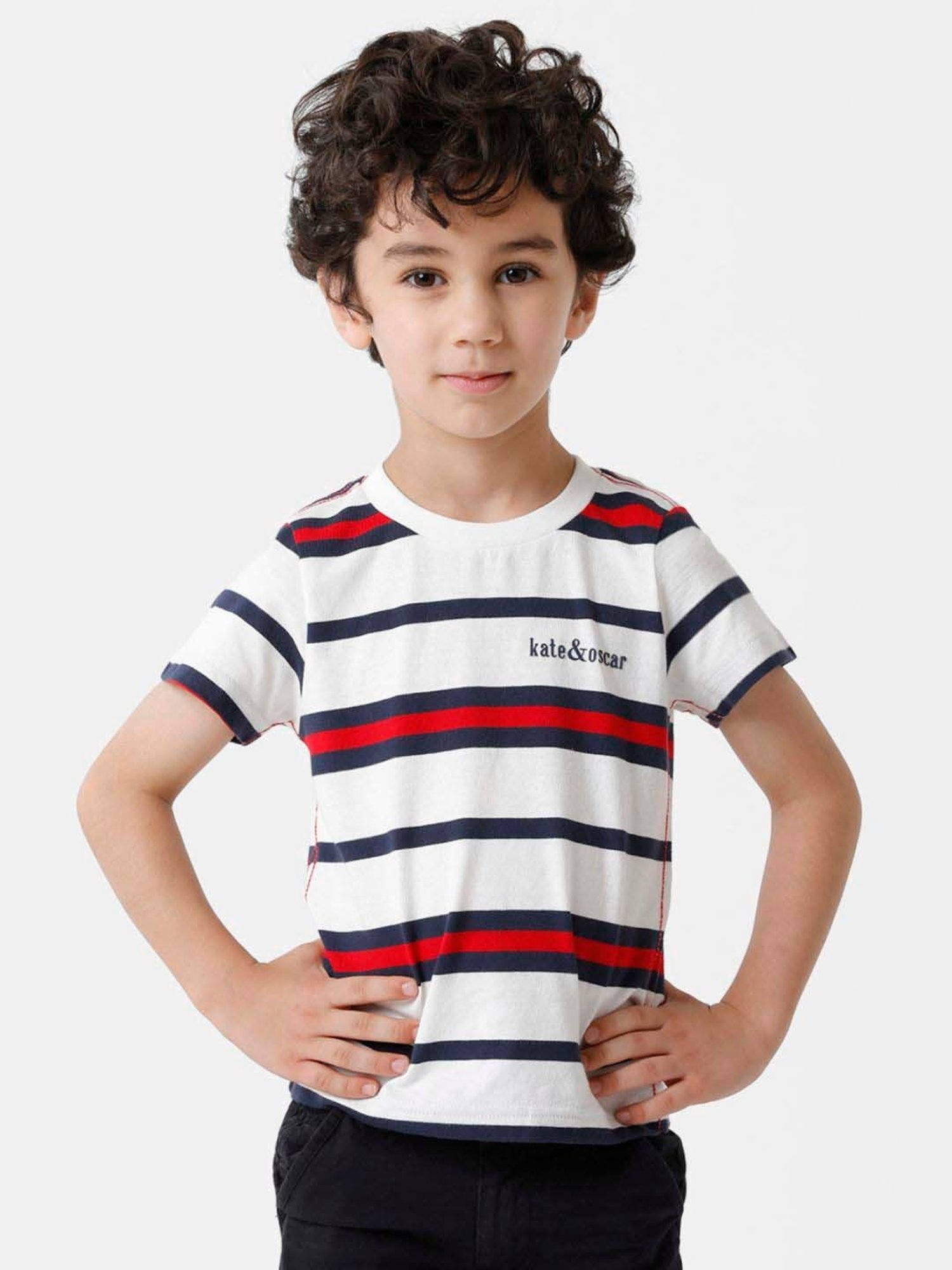 Kate & Oscar Kids White & Red Cotton Striped T-Shirt