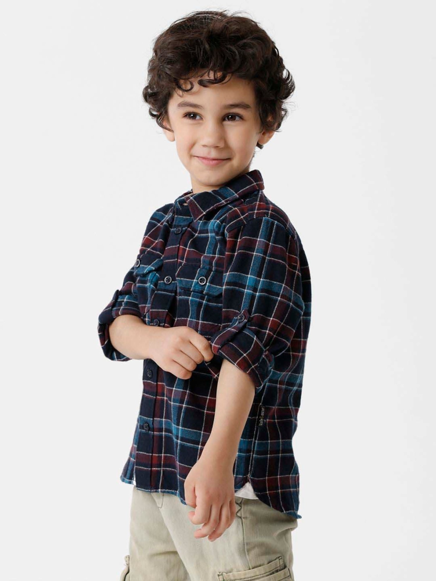 Kate & Oscar Kids Navy & Red Cotton Chequered Full Sleeves Shirt
