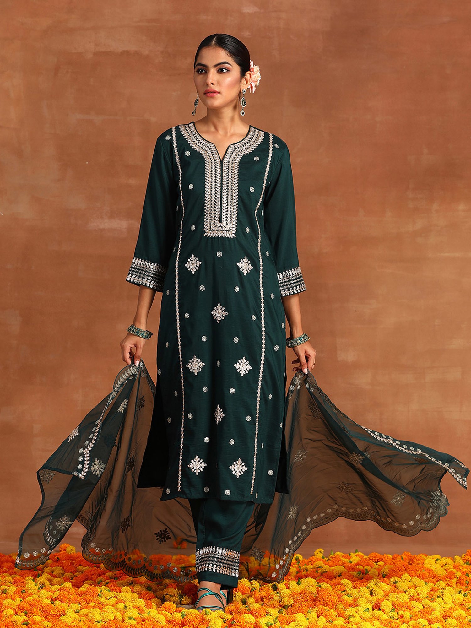 Indo Era Green Embroidered Kurta With Pant & Dupatta