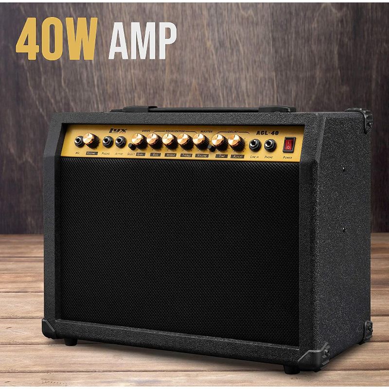 LyxPro 40 Watt Guitar Amplifier Built In Speaker Active Passive, Headphone And Microphone,Aux Input Includes Gain Bass Middle Treble Delay Time Repeat Volume And Grind