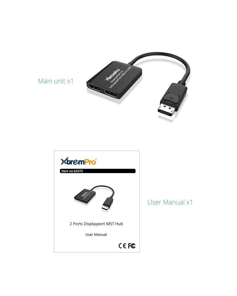 XtremPro 2 Ports DisplayPort MST Hub Splitter Support HDCP, SST, and Extended MST, 3840x2160P@30Hz - Black (61072)