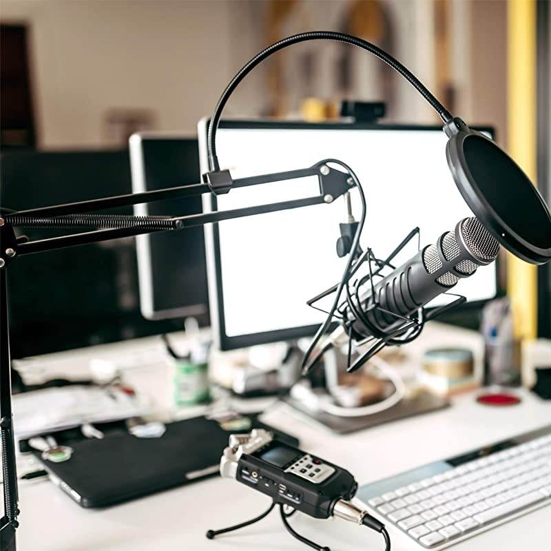 MUSIC Adjustable Microphone Suspension Boom Scissor Arm Stand with Shock Mount Mic Clip Holder Gold Screw Adapter -for Blue Yeti, Snowball and Other Microphones APL2168