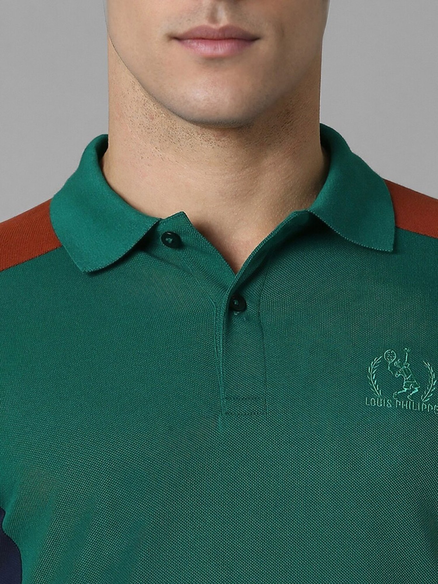 Louis Philippe Green Cotton Slim fit Colour-Block Casual Polo T-Shirt
