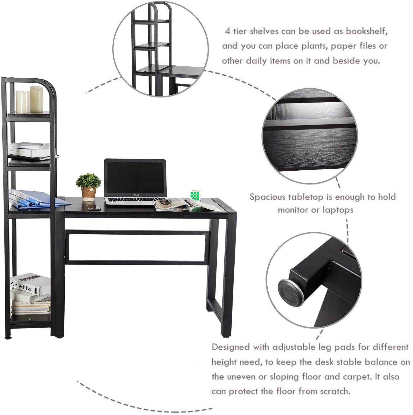 Home Office Desk Computer Desk Writing Table Gaming Desk with 4 Tier Shelves