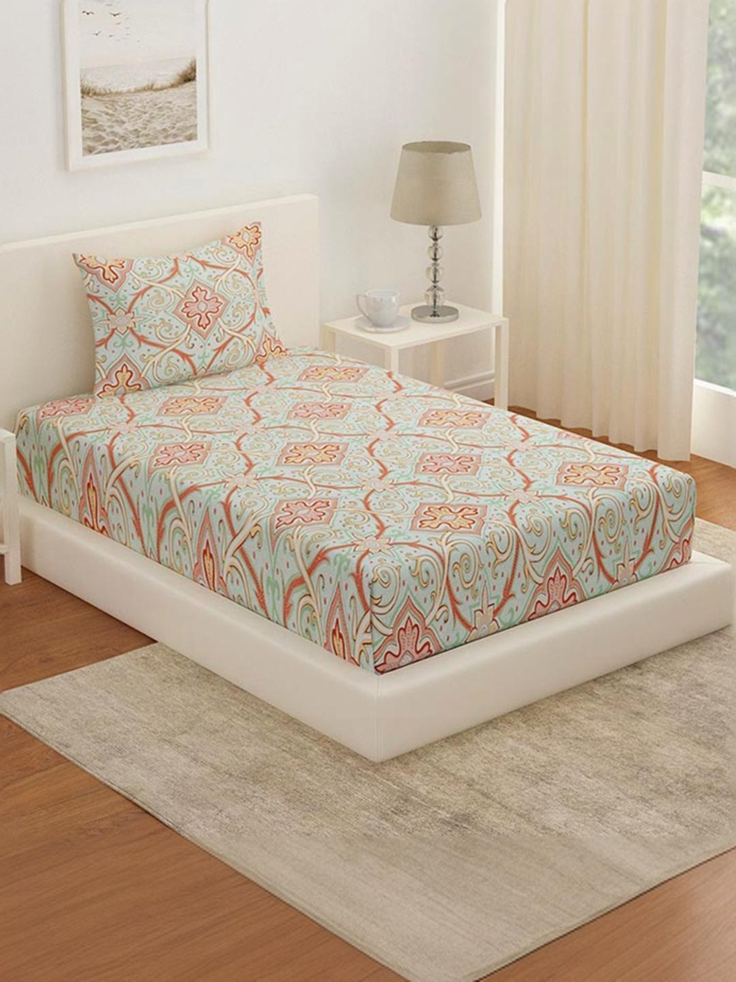 @Home Arias Green & Red 225 TC Cotton Satin Single Bedsheet with 1 Pillow Cover