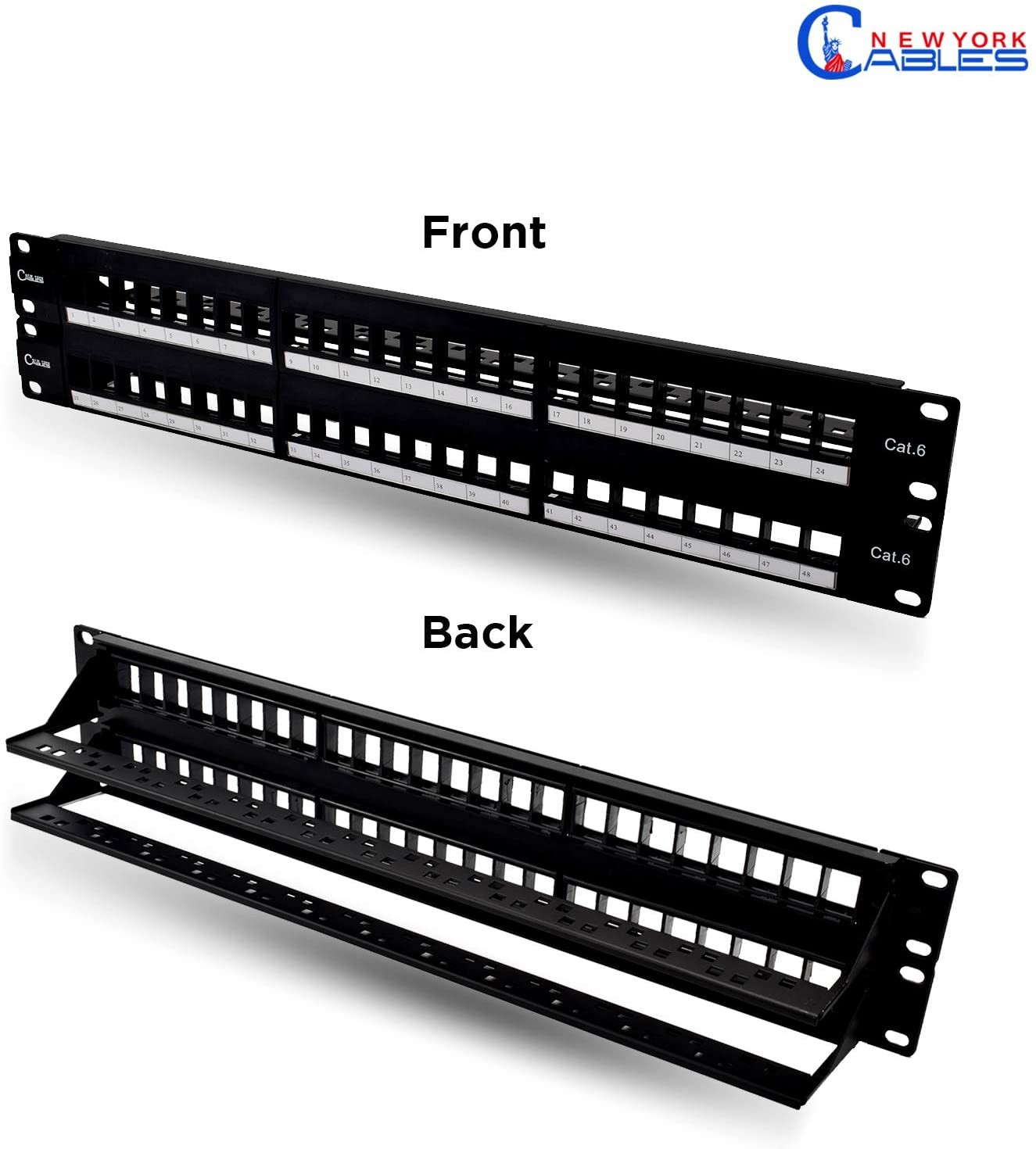 NewYork Cables Unloaded Patch Panel 48 Port 2U HD Blank Keystone Patch Panel - 19 Inches Metal Rack Mount for Cat6 Keystone Jack -  Black-48 Port
