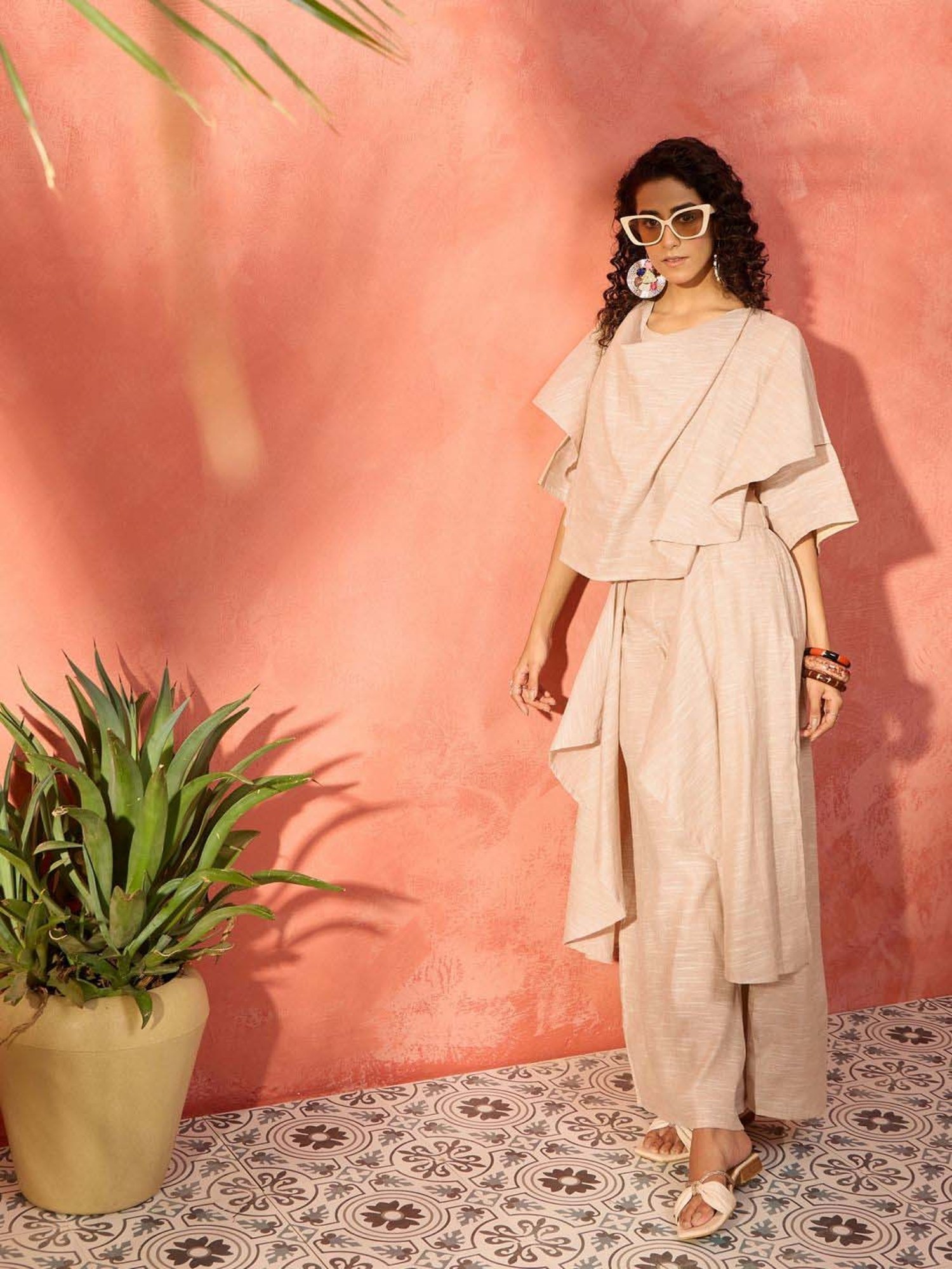 Inweave Beige Cotton Top & Palazzo Set