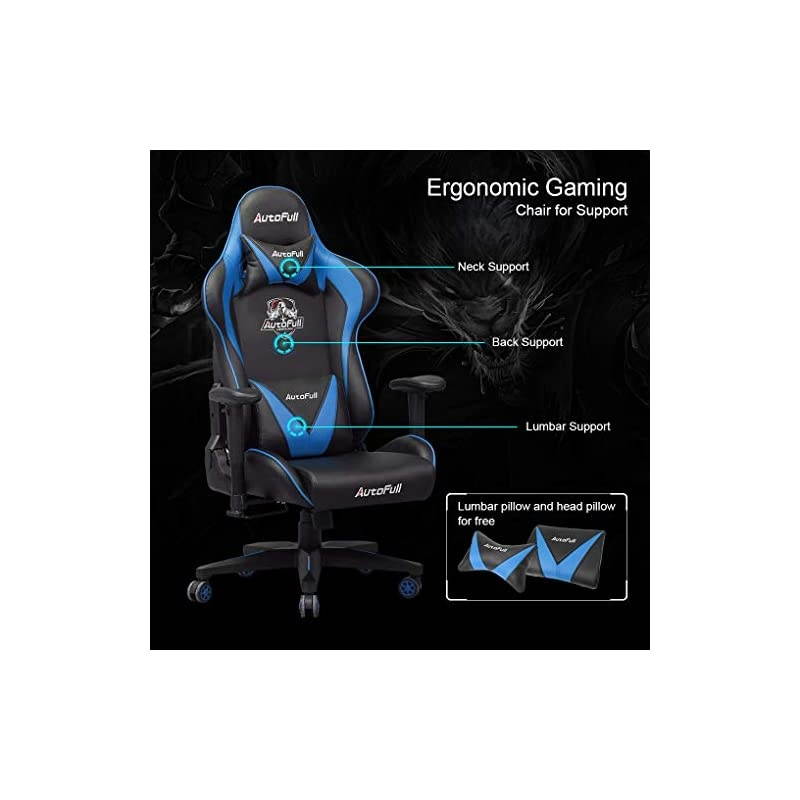 Gaming Chair Racing Office Ergonomic High-Back Computer Chair PU Leather Desk Chair with Headrest and Lumbar Support E-Sports Swivel Chair, Blue