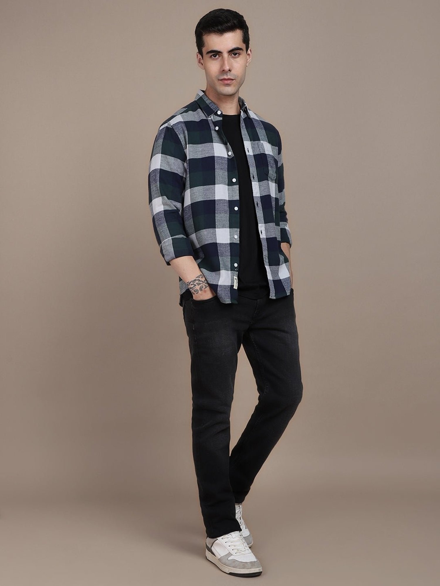 Dennis Lingo Navy & White Cotton Slim Fit Checks Shirt