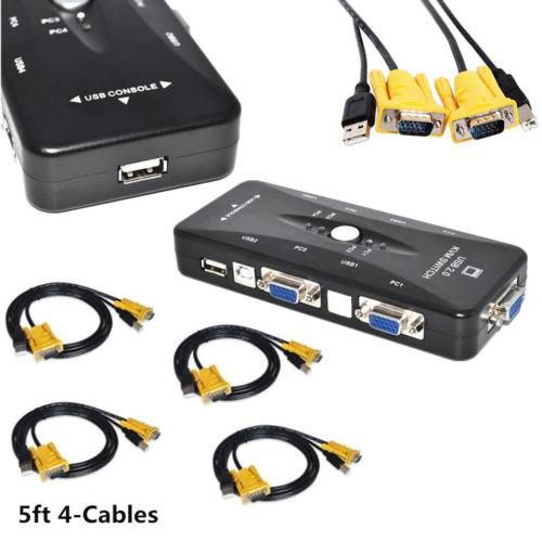 USB2.0 4Port Monitor VGA SVGA KVM Switch Box + 4 Cables For PC Keyboard Mouse OY
