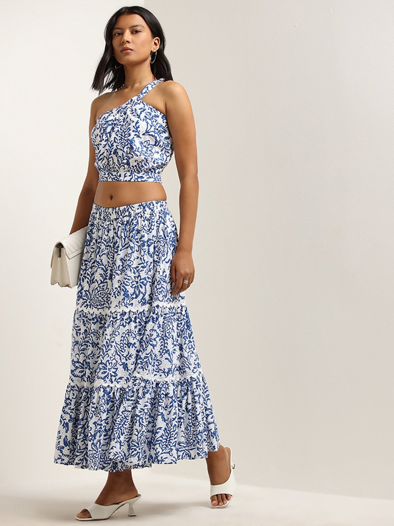 LOV by Westside Blue Schiffli One-Shoulder Top