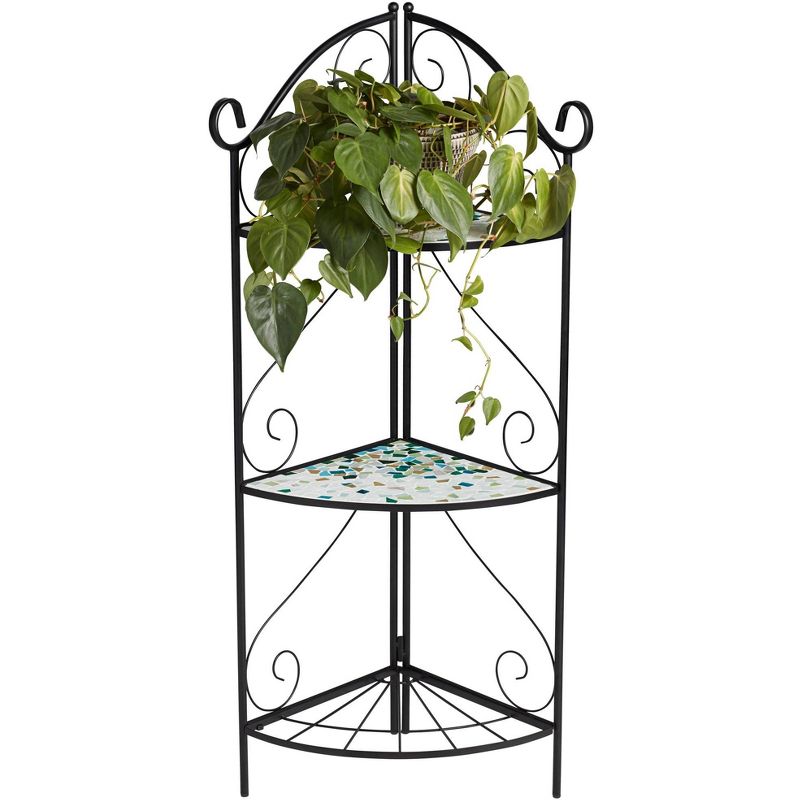 Teal Island Designs Aqua Mosaic 47" High Black Iron Three Shelf Plant Stand