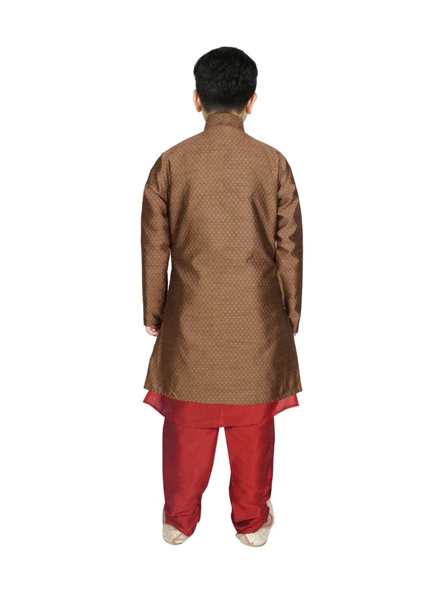 SG Yuvraj Kids Brown & Maroon Textured Pattern Full Sleeves Kurta Set