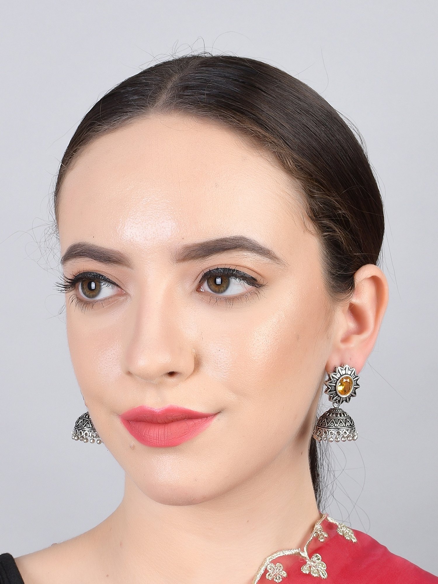 Imli Street Yellow Silver Tone Stone-Studded Handcrafted Jhumki Earrings