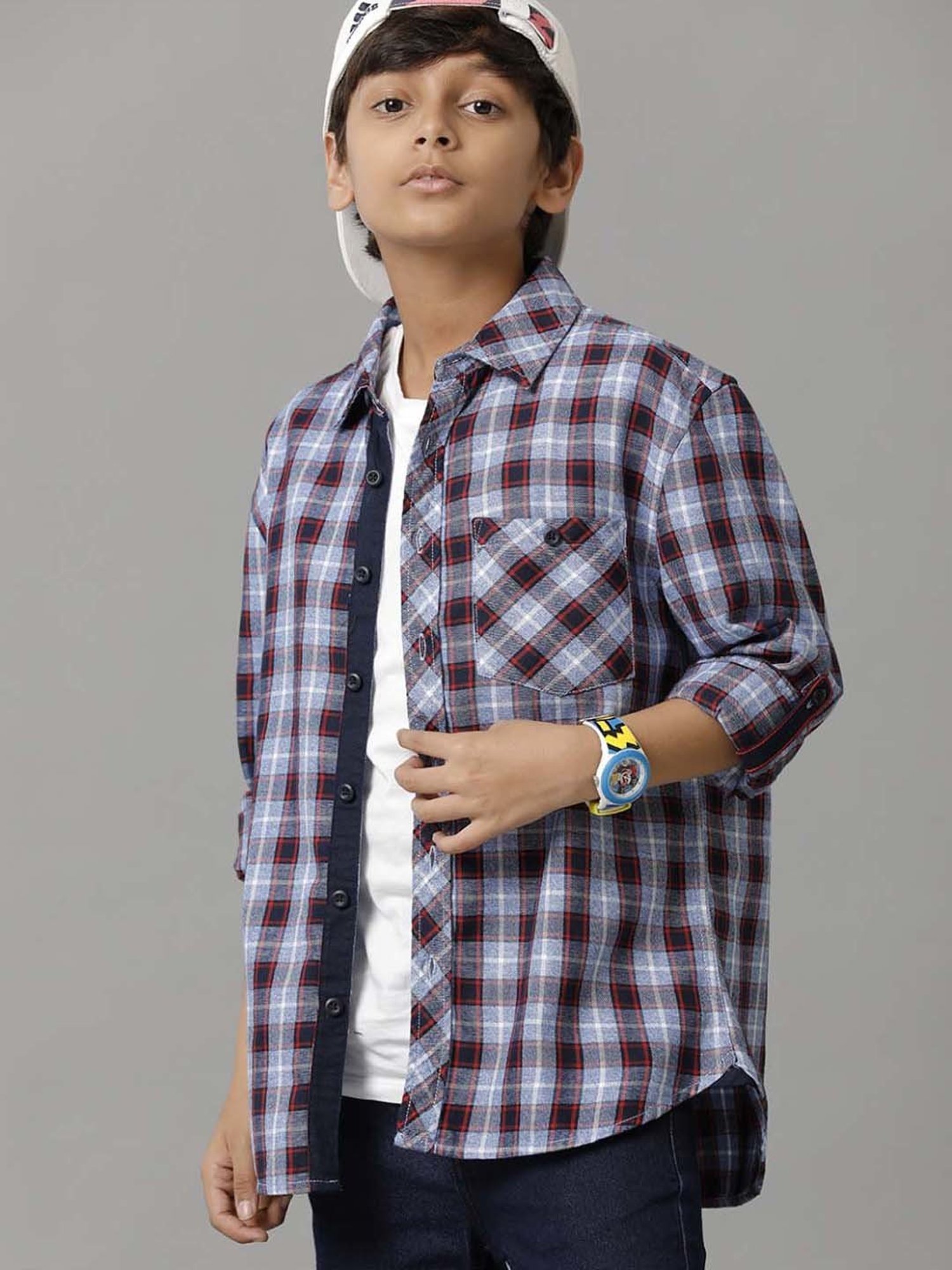 Under Fourteen Only Kids Navy Cotton Chequered Full Sleeves Shirt