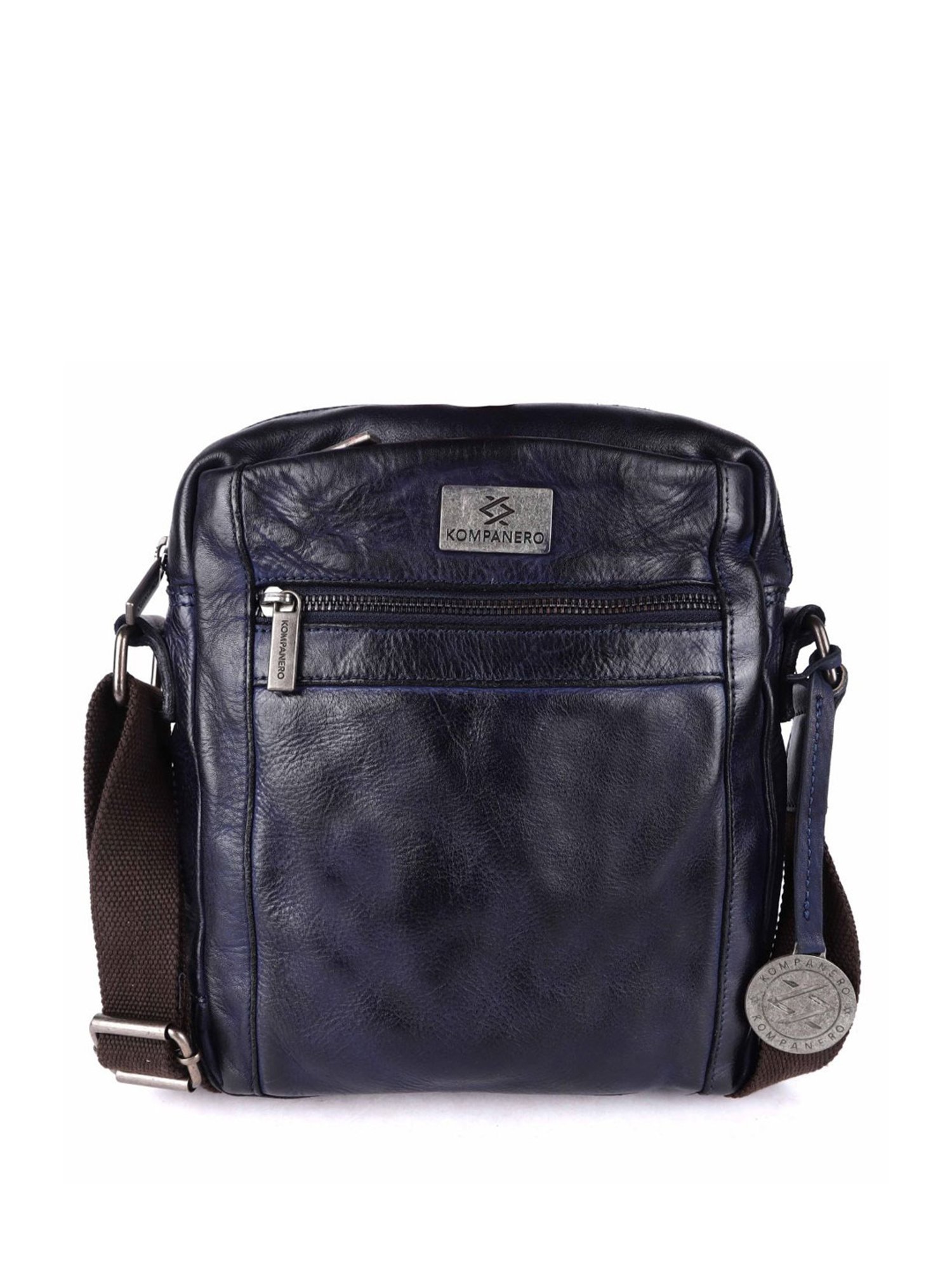 KOMPANERO Aaron Blue Leather Solid Cross Body Bag